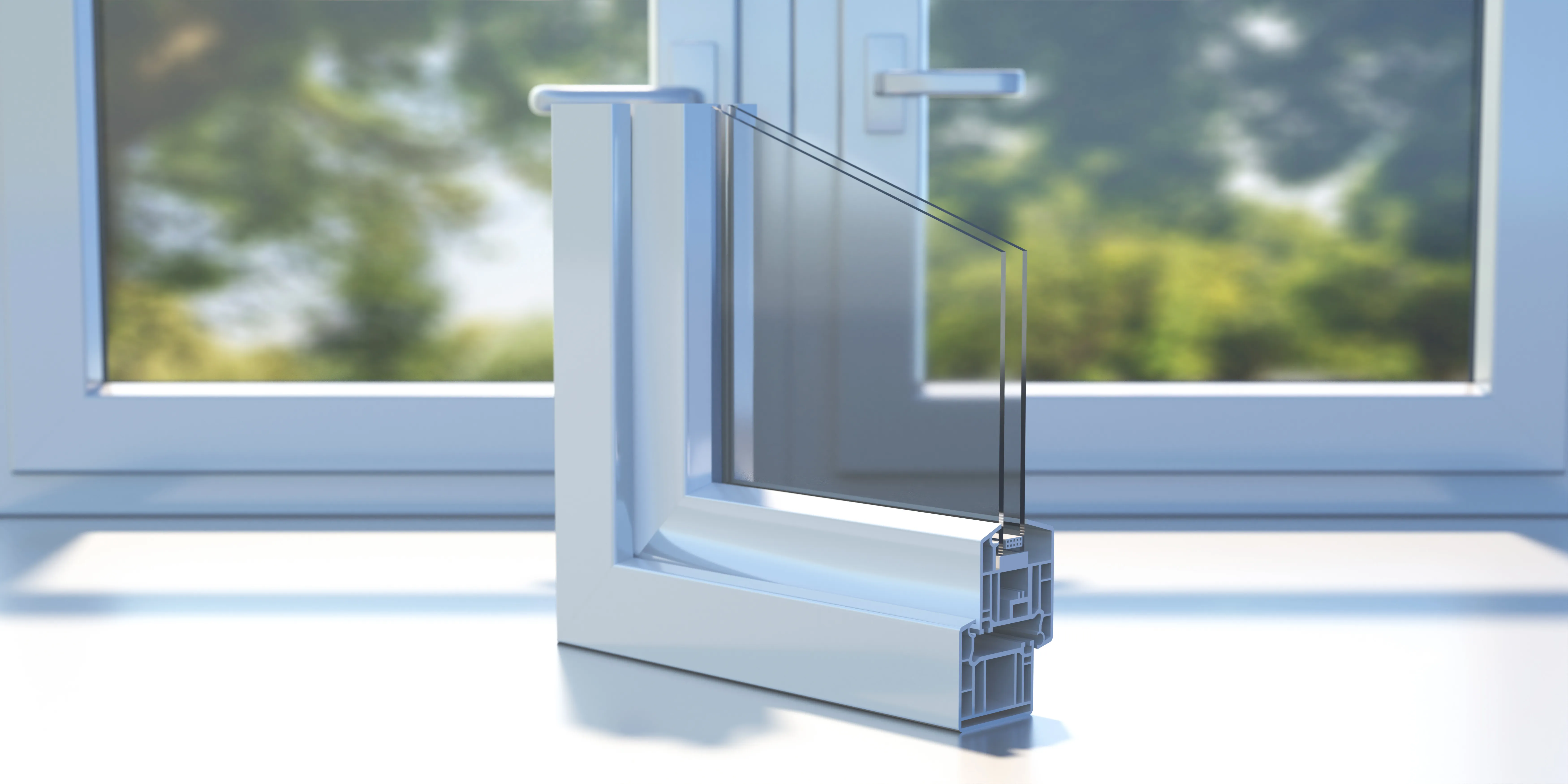 Cross-section of a PVC aluminum profile frame with double glazing