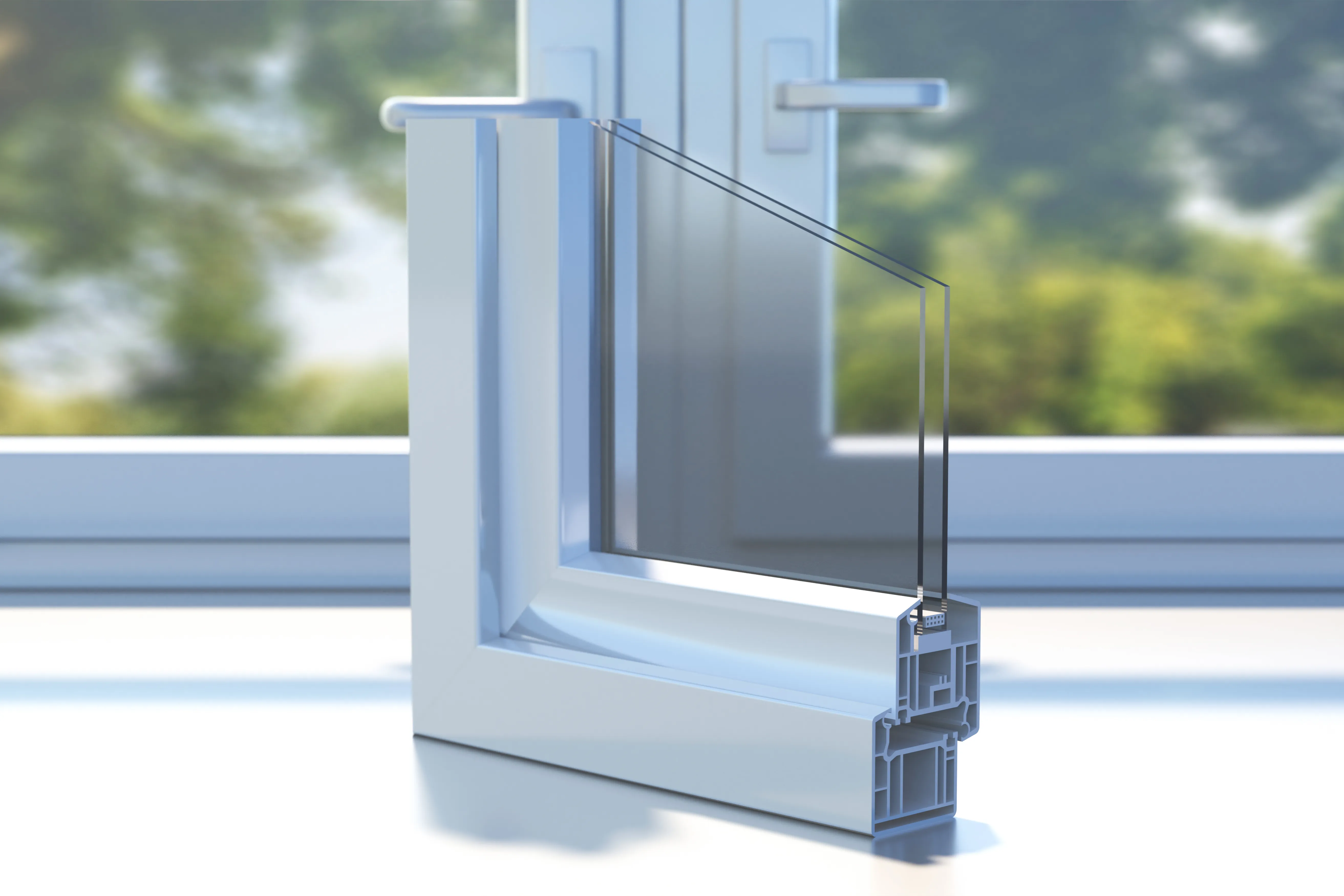 Cross-section of a PVC aluminum profile frame with double glazing